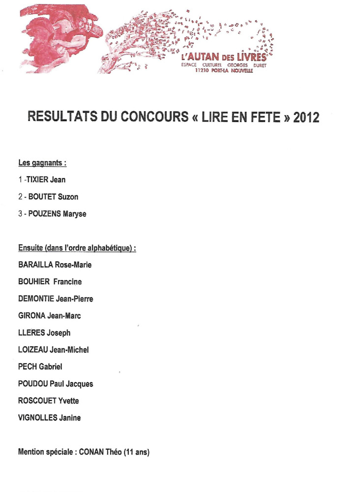thumbnail of Résultats Concours Lire en fête 2012